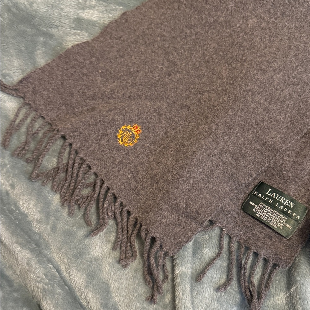 Lauren Ralph Lauren Brown Fringe Wool Blend Scarf with Gold Crest